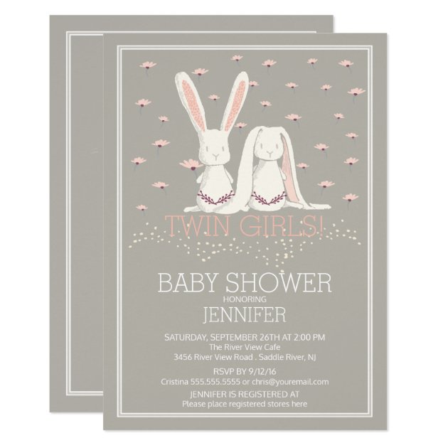 Pretty Spring Pink TWIN Girls Bunny Baby Shower Invitation