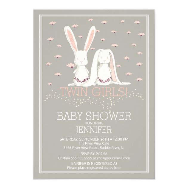 Pretty Spring Pink TWIN Girls Bunny Baby Shower Invitation
