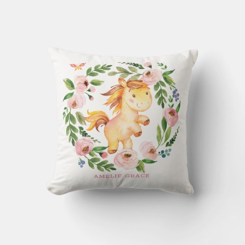 Pretty Spring Pony Blush Floral Greenery Baby Girl Throw Pillow