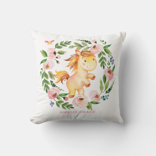 Pretty Spring Pony Blush Floral Greenery Baby Girl Throw Pillow (Front)