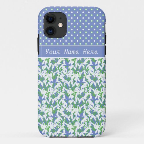 Pretty Spring Snowdrops with Polka Dots on Blue iPhone 11 Case