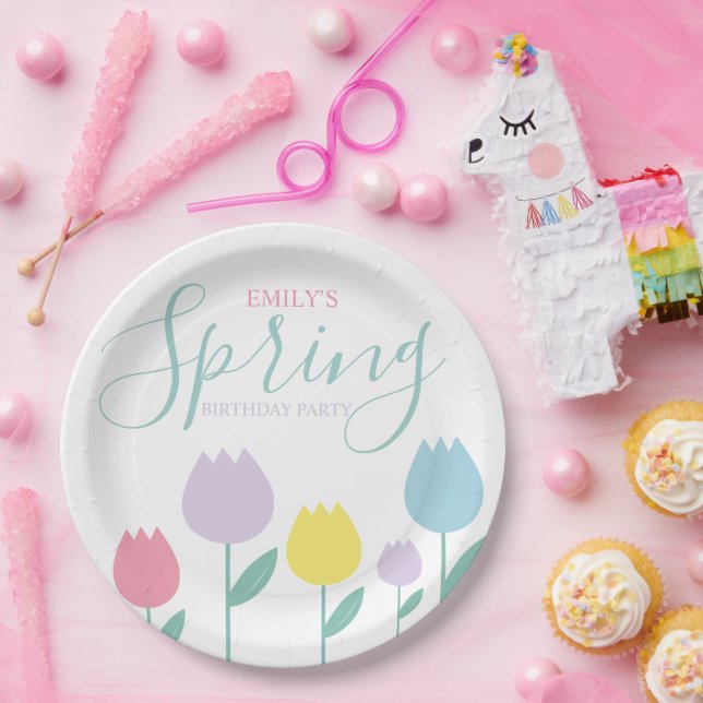 Pretty Spring Tulips Pastel Floral Birthday Party Paper Plates (Party)