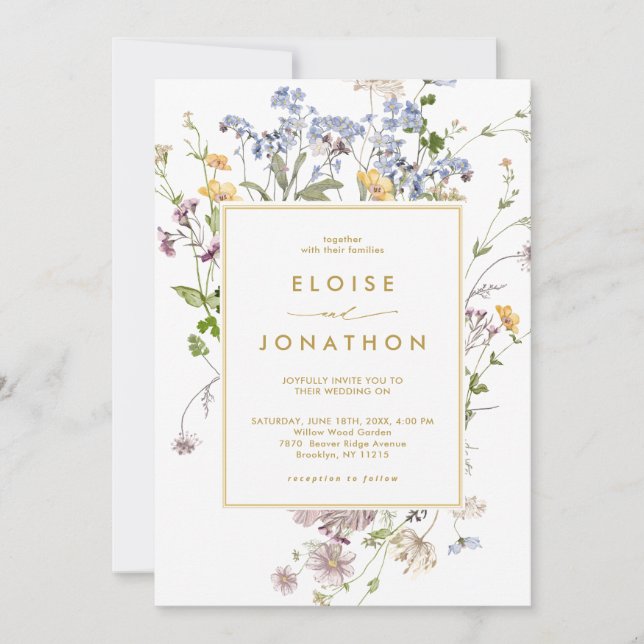 Pretty Spring Wildflower Meadow Gold Chic Wedding Invitation (Front)