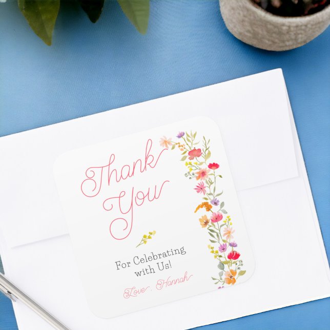 Pretty spring wildflowers floral bridal thank you square sticker (Pretty spring wildflowers floral bridal thank you square sticker)