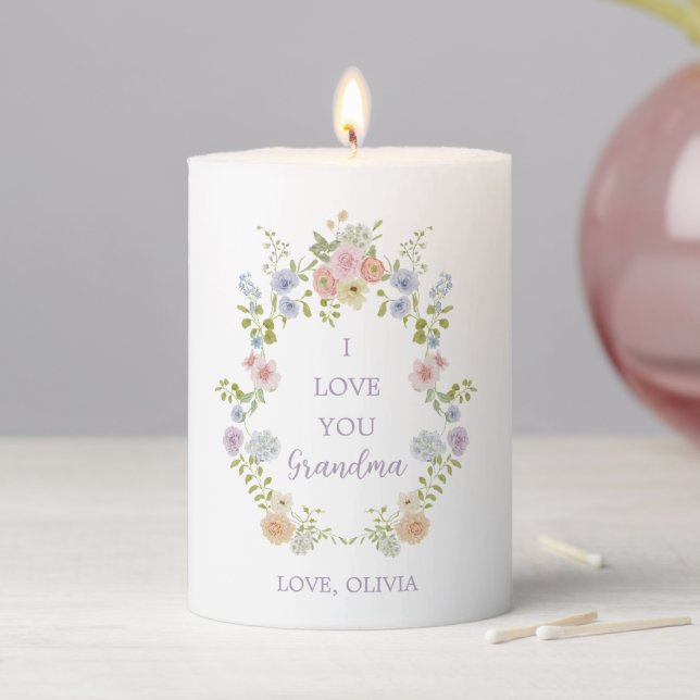Pretty Spring Wildflowers | Love You Grandma Pillar Candle (In Situ)