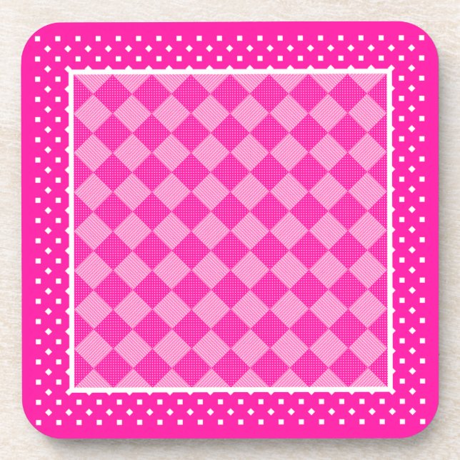 Pretty Square Coasters, Candy Pink Geometric Beverage Coaster (Front)