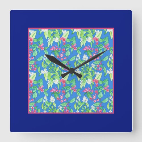 Pretty Square Wall Clock Spring Blossoms Blue Square Wall Clock
