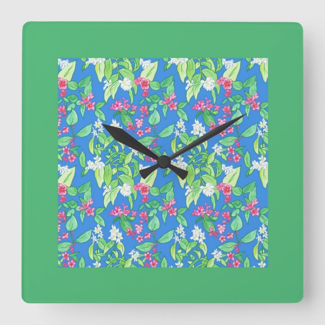 Pretty Square Wall Clock, Spring Blossoms, Green Square Wall Clock (Front)