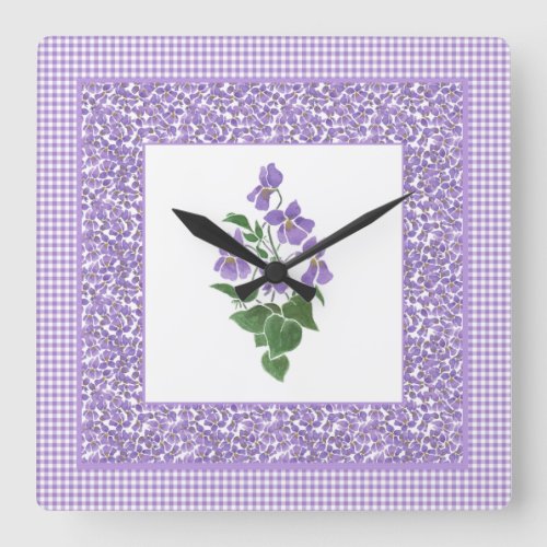 Pretty Square Wall Clock Violets and Check Gingham