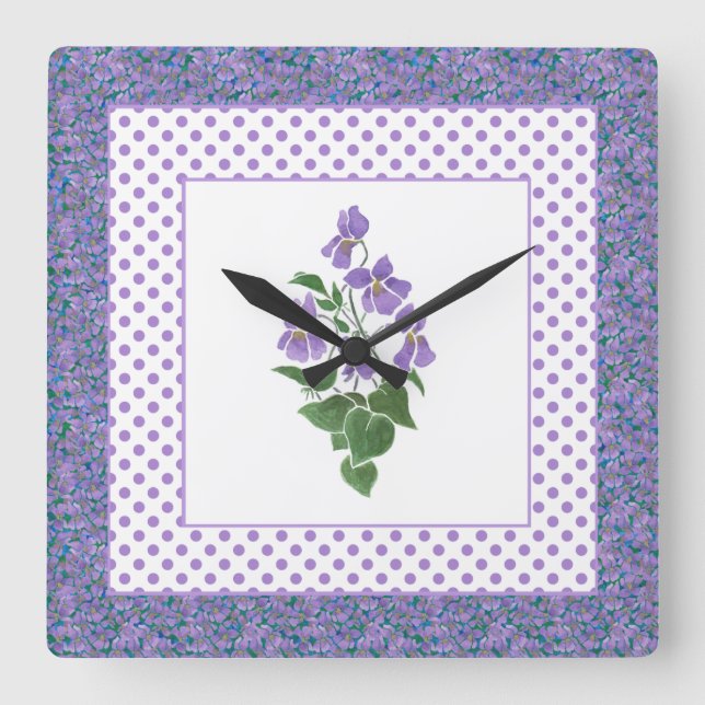 Pretty Square Wall Clock Violets and Polka Dots (Front)