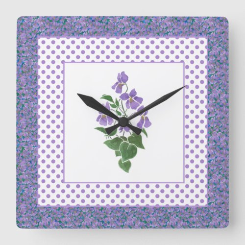 Pretty Square Wall Clock Violets and Polka Dots