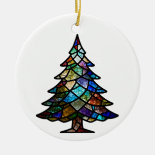 Pretty Stained Glass Pine Tree Family Photo Ceramic Ornament