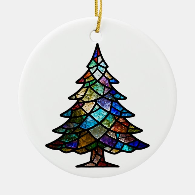 Pretty Stained Glass Pine Tree Family Photo Ceramic Ornament (Front)
