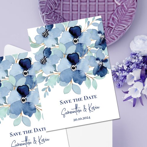Pretty Stale Blue Floral Wedding Save The Date