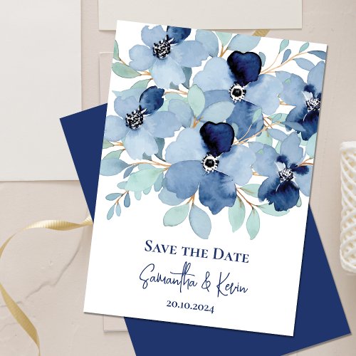 Pretty Stale Blue Floral Wedding Save The Date