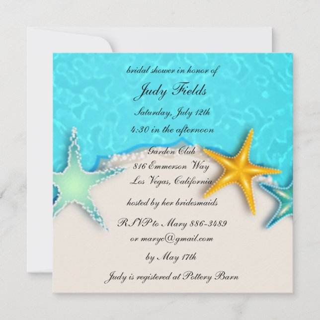 Pretty Starfish Summer Beach Bridal Shower Invite (Front)