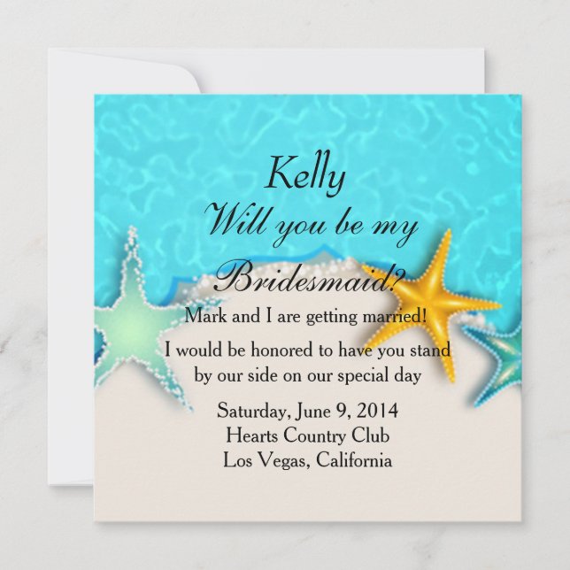 Pretty Starfish Summer Beach Bridesmaid Card (Front)