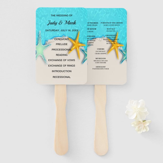 Pretty Starfish Summer Beach Wedding Program Fans (Front and Back)