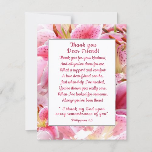 Pretty Stargazer Lilies Thank You Christian Friend Card