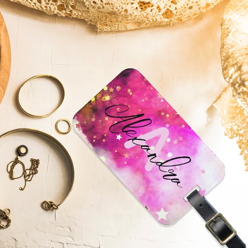 Pretty Stars Pink Clouds And Fancy Chic Script Luggage Tag