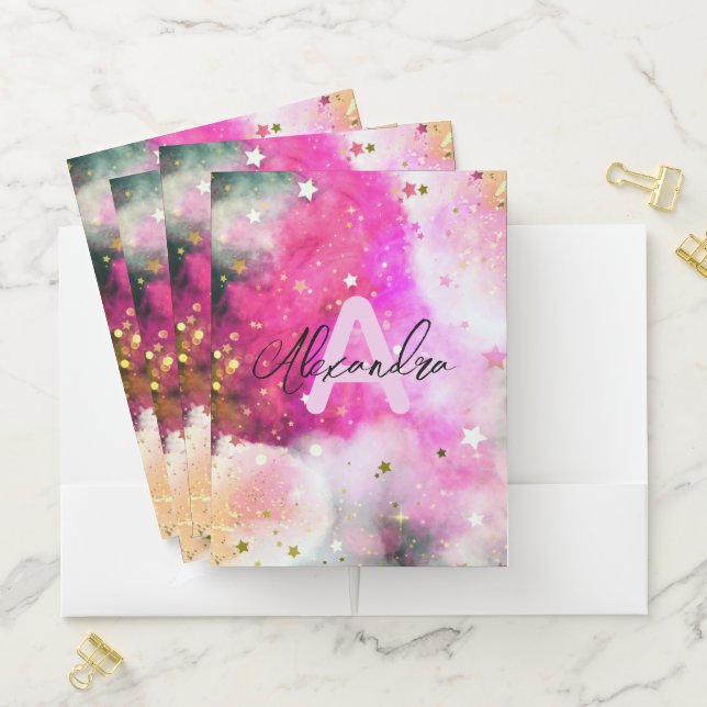 Pretty Stars Pink Clouds and Fancy Chic Script Pocket Folder (In Situ)