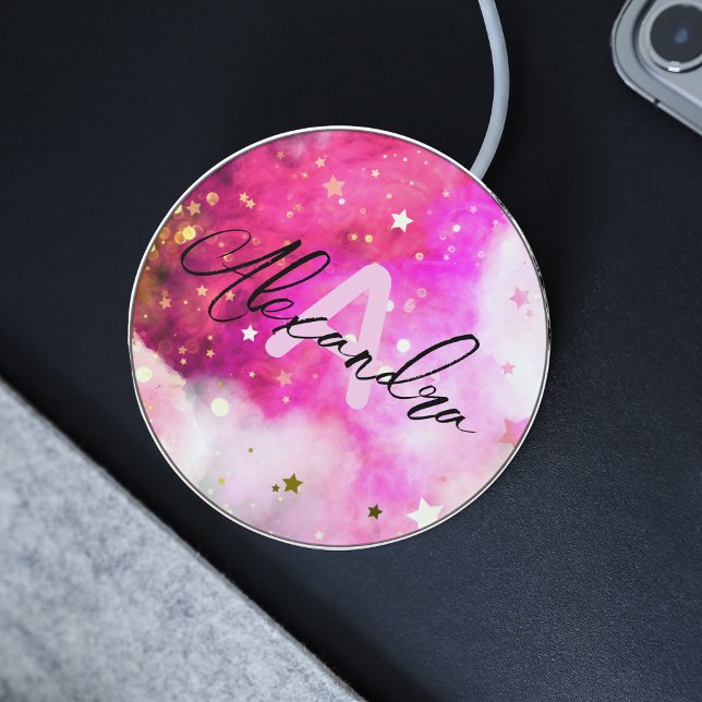 Pretty Stars Pink Clouds And Fancy Chic Script Wireless Charger (Creator Uploaded)
