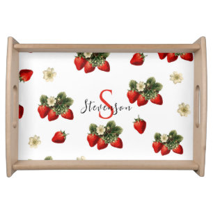 Pretty Strawberries Custom Name and Monogram Serving Tray