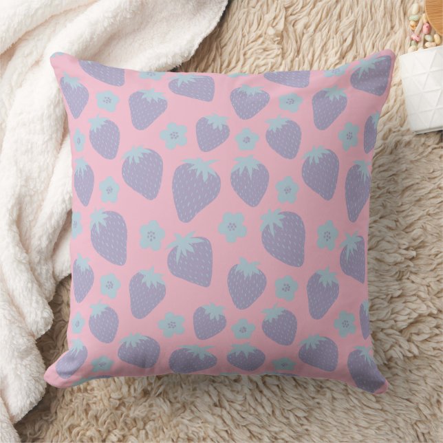 Pretty strawberries pattern in Lilac and Blue Throw Pillow (Blanket)