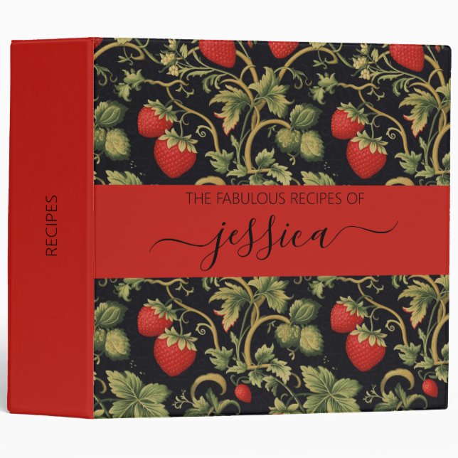 Pretty strawberries pattern script name Recipe 3 Ring Binder (Front/Spine)