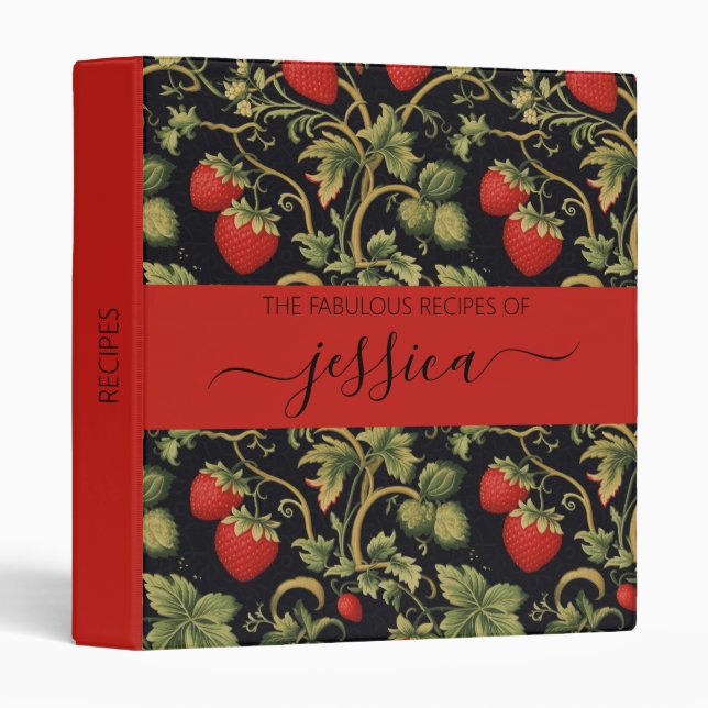 Pretty strawberries pattern script name Recipe 3 Ring Binder (Front/Spine)