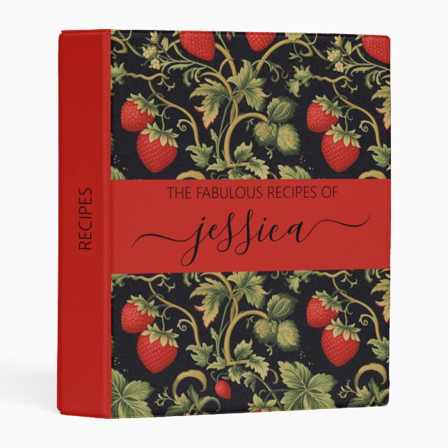 Pretty strawberries pattern script name Recipe Mini Binder (Front/Spine)
