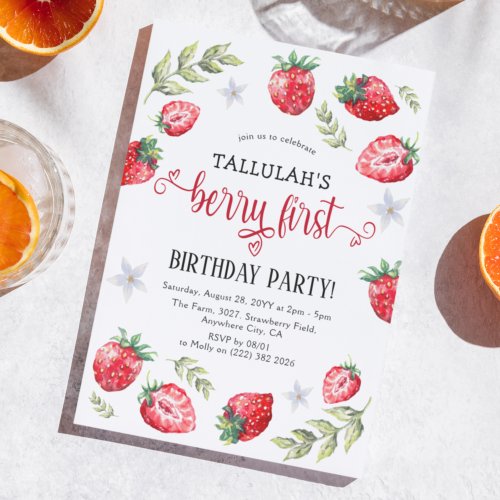 Pretty Strawberry Berry First  1st Birthday Invitation