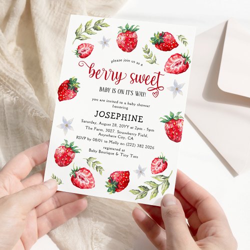 Pretty Strawberry Berry Sweet Baby Shower Invitation
