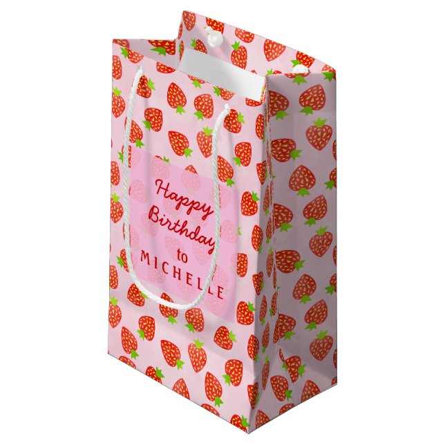 Pretty Strawberry Pattern Personalized Birthday Small Gift Bag (Front Angled)