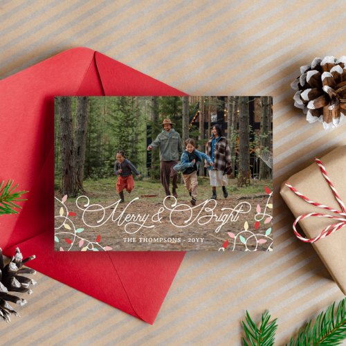 Pretty String Lights Merry Bright Christmas Photo Holiday Card
