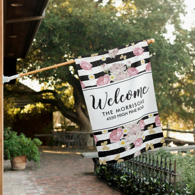 Pretty Stripe Floral Pattern, Custom Name Address House Flag (In SItu)