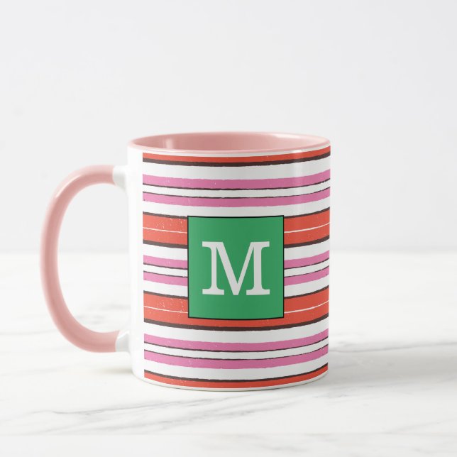 Pretty striped pattern Monogrammed l Pink l Green Mug (Left)