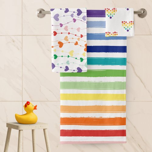 Pretty Striped Rainbow and Heart Pattern Bathroom Bath Towel Set
