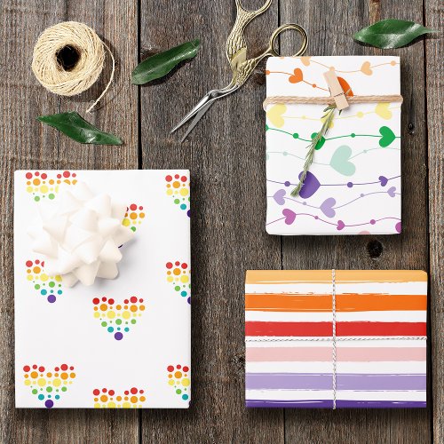 Pretty Striped Rainbow and Heart Pattern Birthday Wrapping Paper Sheets