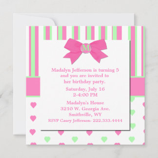 Pretty Stripes & Hearts Birthday Party Invitation