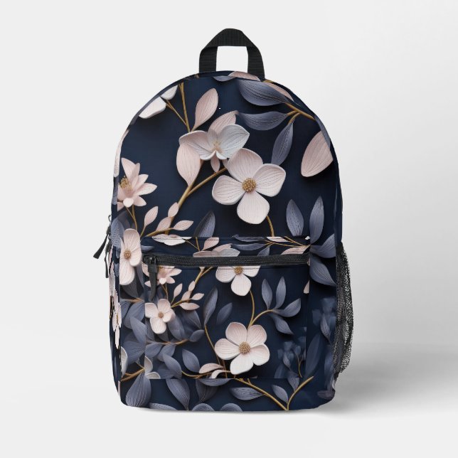 Pretty Stylish Elegant White Floral Pattern Printed Backpack (Front)