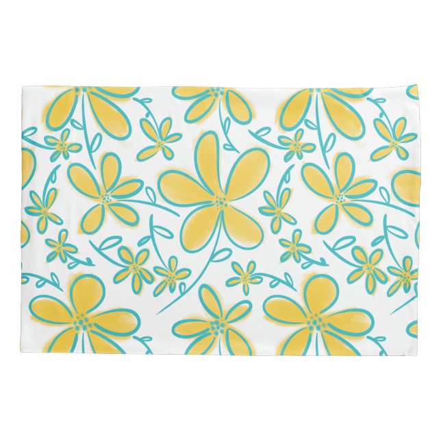 Pretty summer Yellow and Turquoise flower pattern Pillow Case (Back)