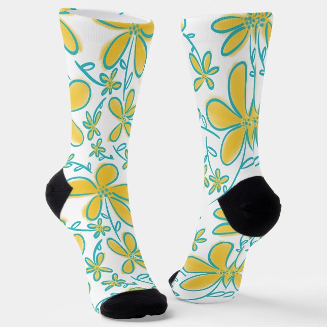 Pretty summer Yellow and Turquoise flower pattern Socks (Angled)