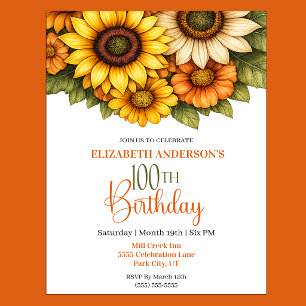 Pretty Sunflower 100th Birthday Invitation