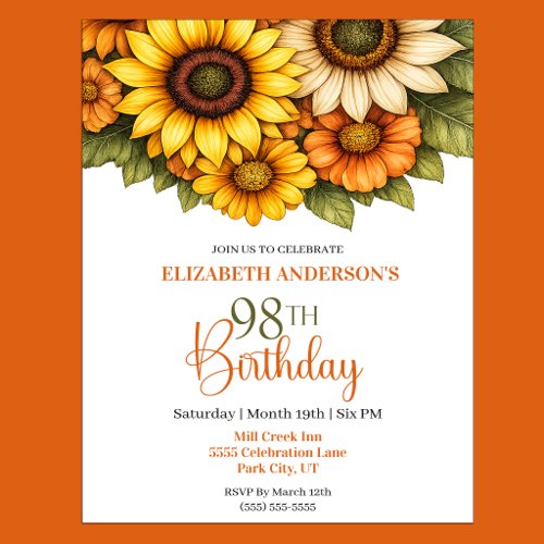 Pretty Sunflower 98th Birthday Invitation