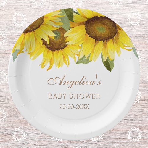 Pretty Sunflower Baby Girl Shower Paper Plates