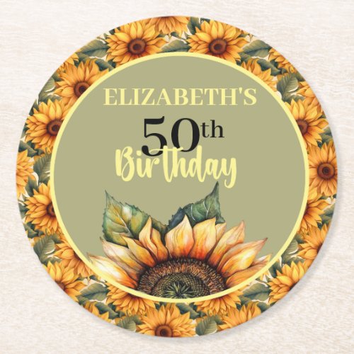 Pretty Sunflower Birthday Party Round Paper Coaster