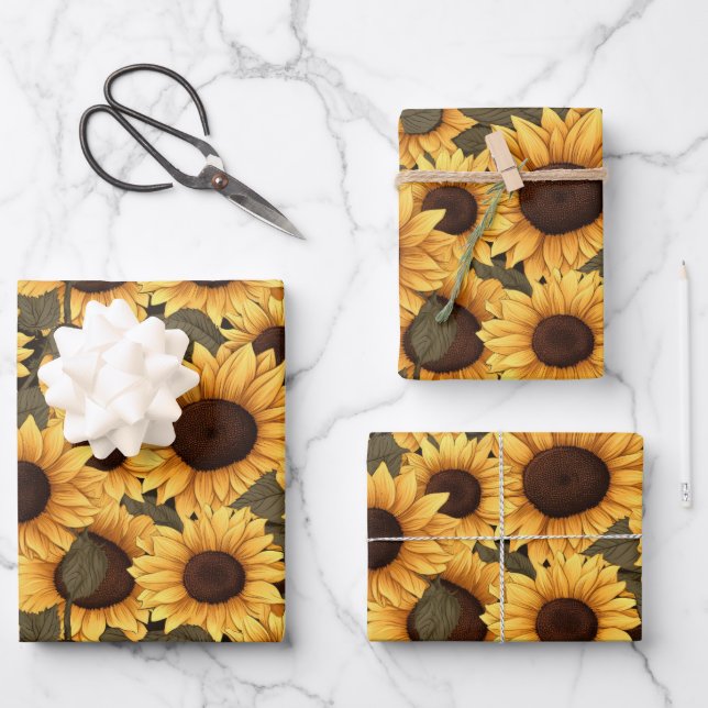 Pretty Sunflower Illustration All Over Print Wrapping Paper Sheets (Front)