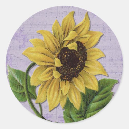 Pretty Sunflower On Sheet Music Classic Round Sticker