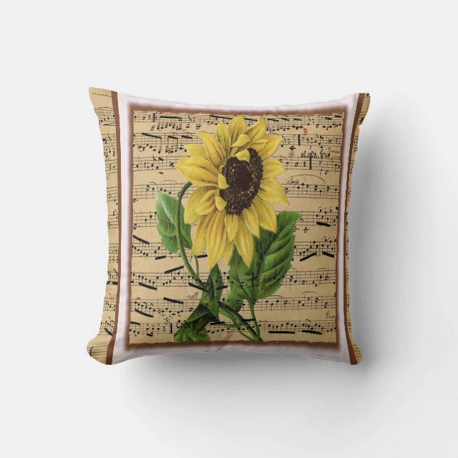 Pretty Sunflower On Vintage Sheet Music Throw Pillow (Front)